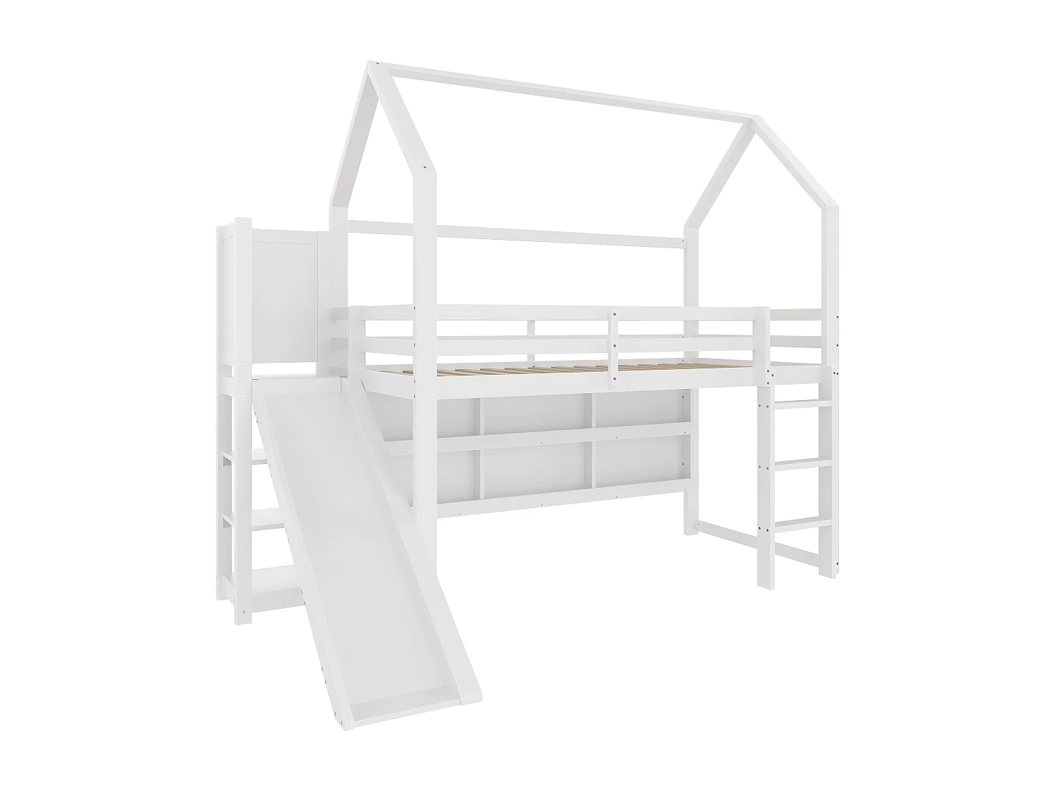 Lit mezzanine 90x200 cm - avec éclairage LED - avec toboggan - avec barrière de sécurité - blanc (sans matelas)