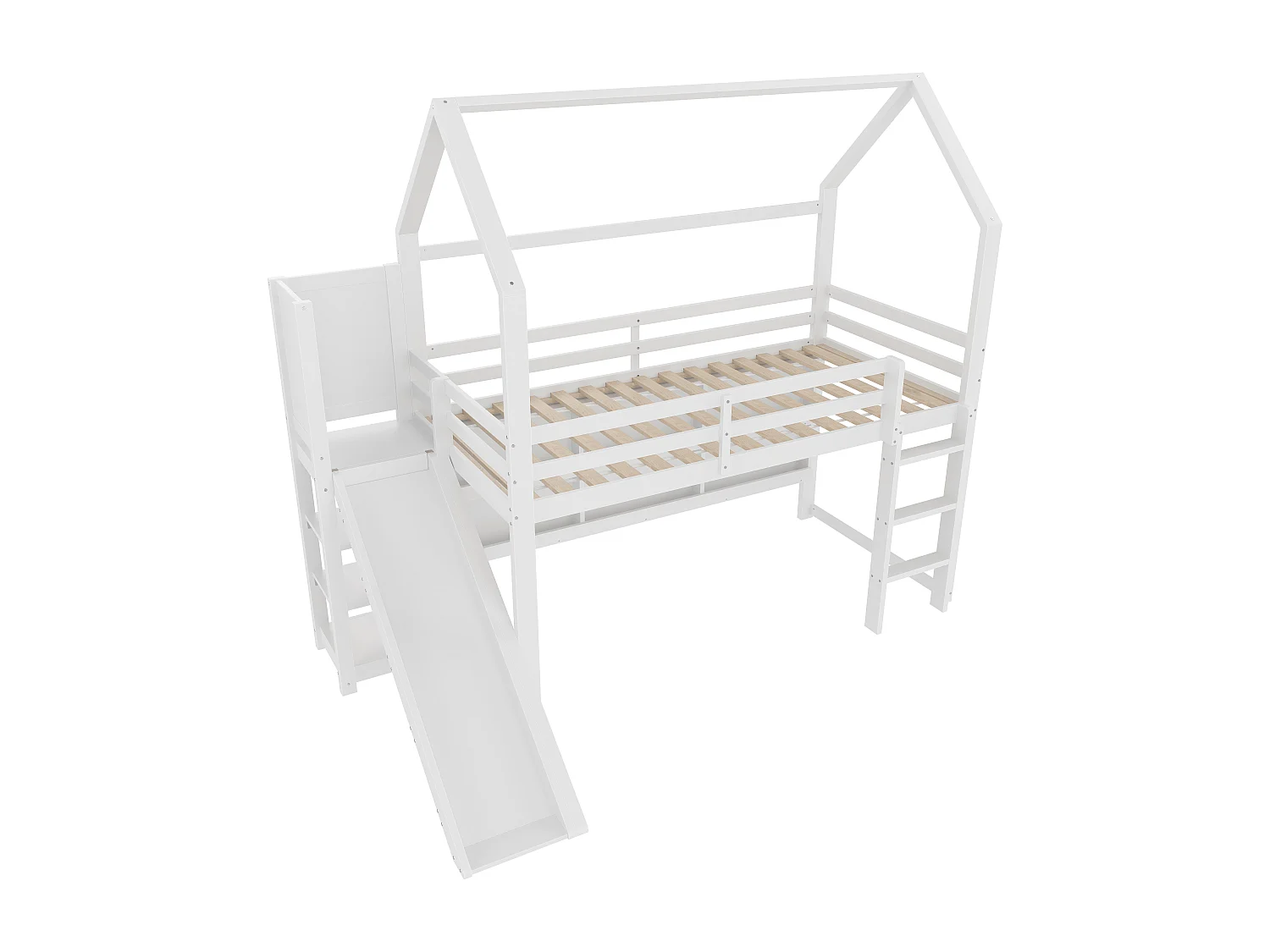 Lit mezzanine 90x200 cm - avec éclairage LED - avec toboggan - avec barrière de sécurité - blanc (sans matelas)