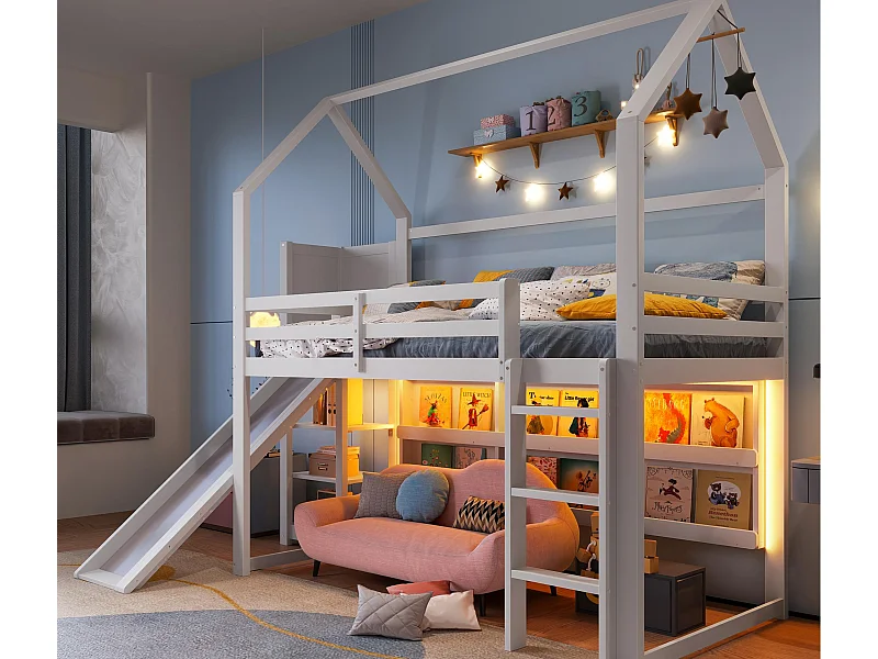 Lit mezzanine 90x200 cm - avec éclairage LED - avec toboggan - avec barrière de sécurité - blanc (sans matelas)