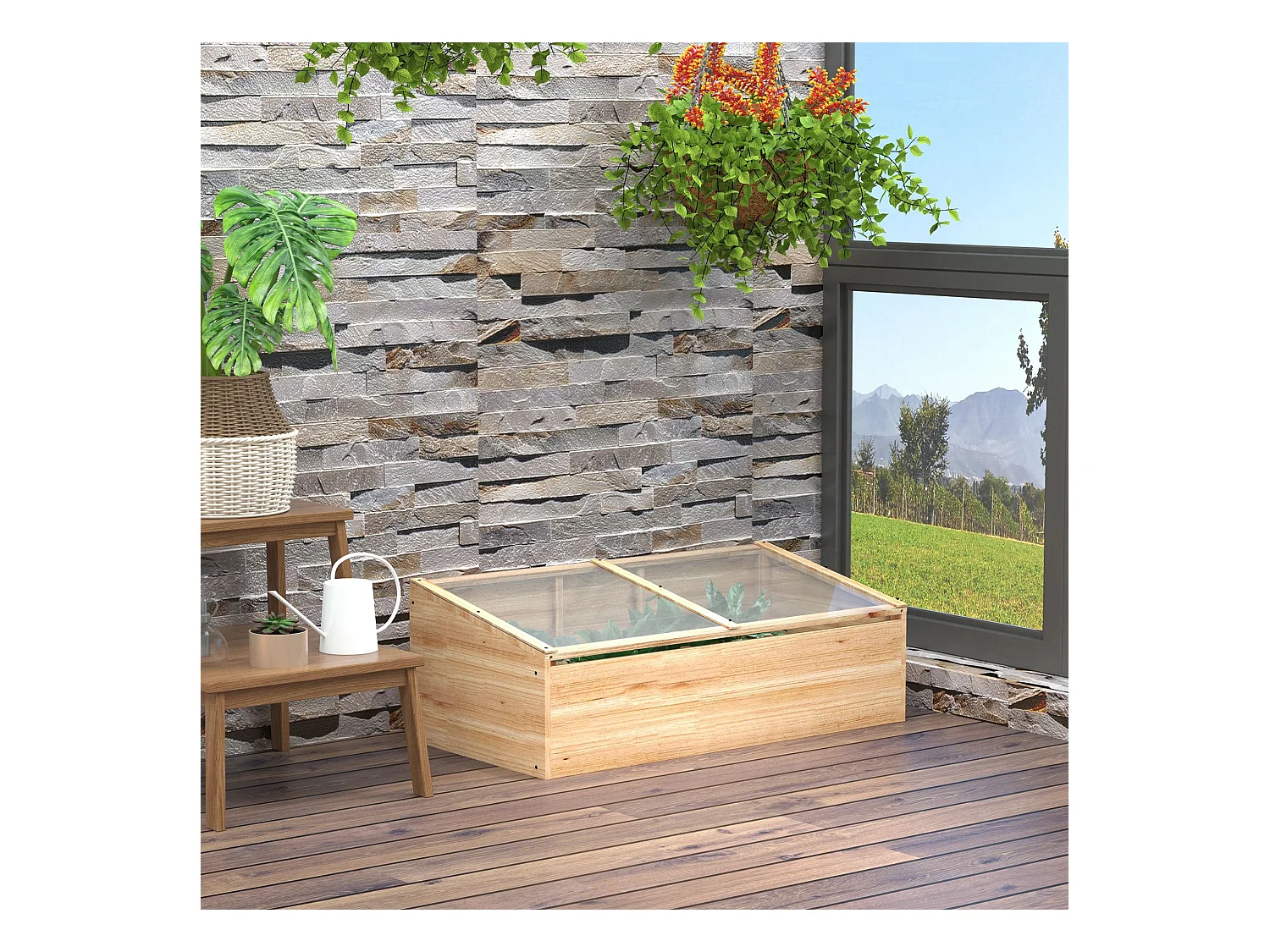 Serre de Jardin en Bois avec Couverture en Polycarbonate, Système de Plantation, Naturel (100x50x35 cm)