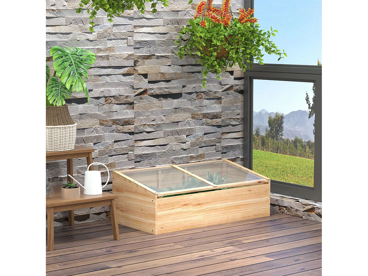 Serre de Jardin en Bois avec Couverture en Polycarbonate, Système de Plantation, Naturel (100x50x35 cm)