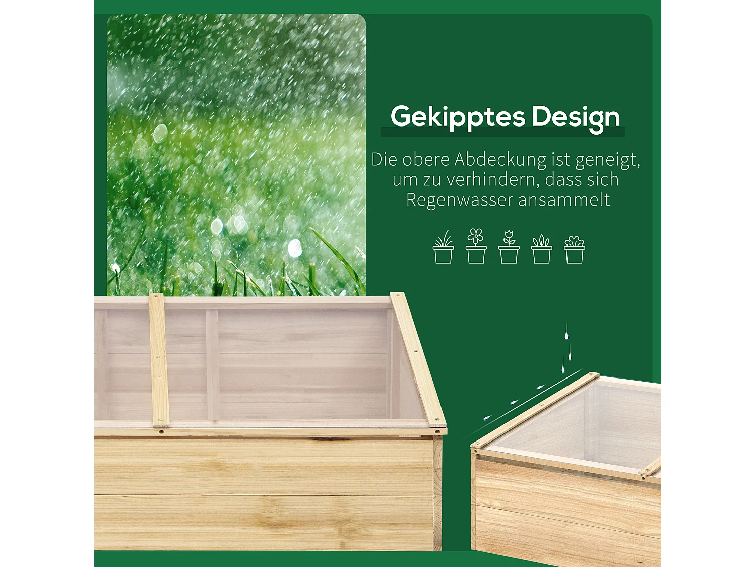 Serre de Jardin en Bois avec Couverture en Polycarbonate, Système de Plantation, Naturel (100x50x35 cm)