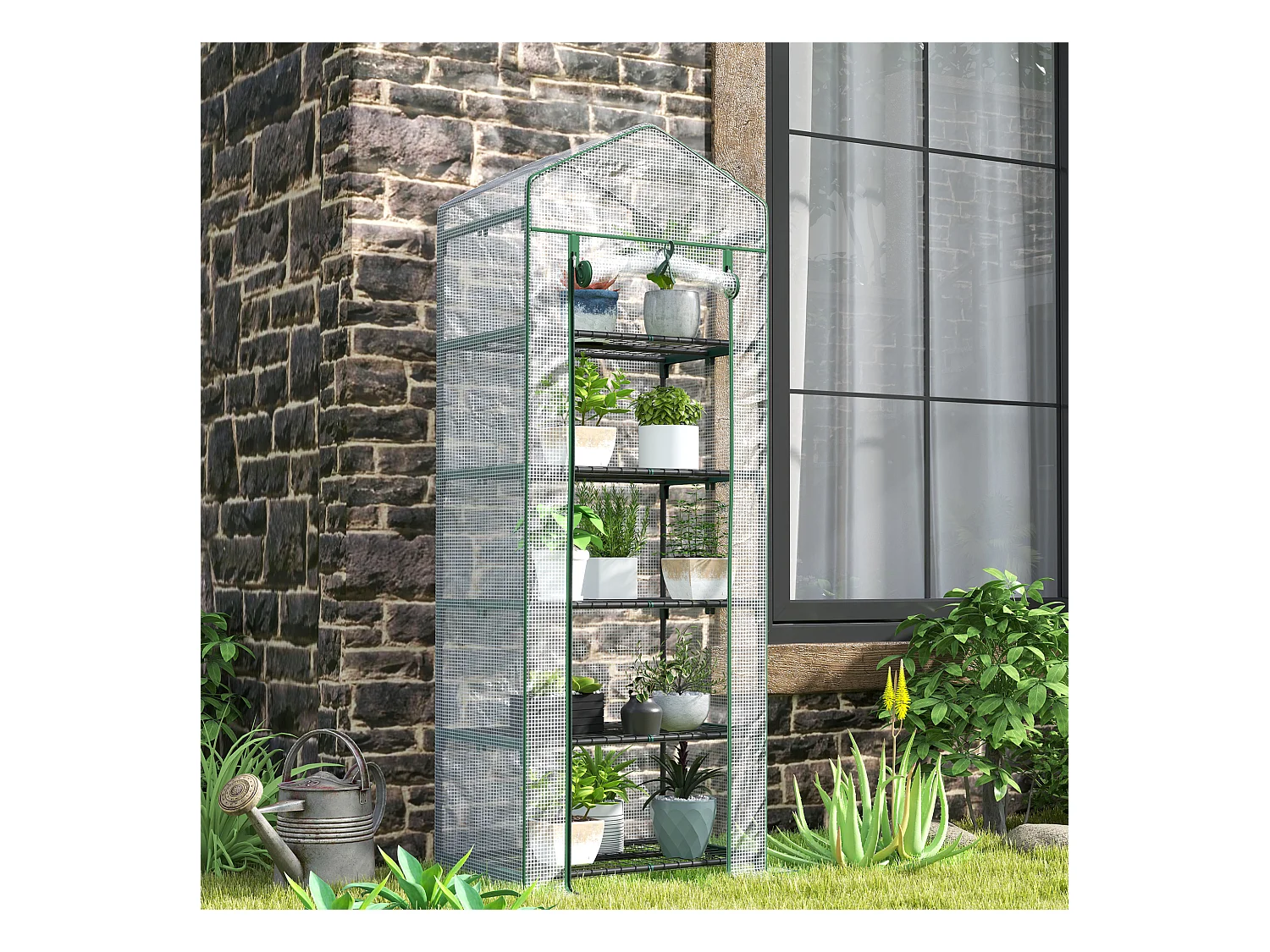 Serre avec porte roulante, étagères, métal, blanc (69x49x193 cm)