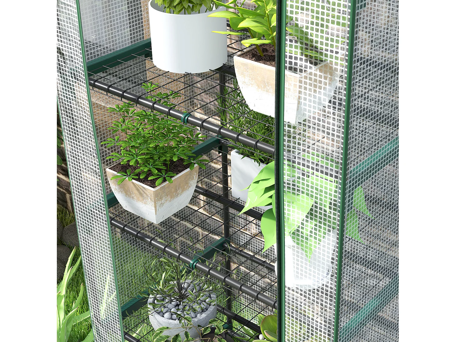 Serre avec porte roulante, étagères, métal, blanc (69x49x193 cm)