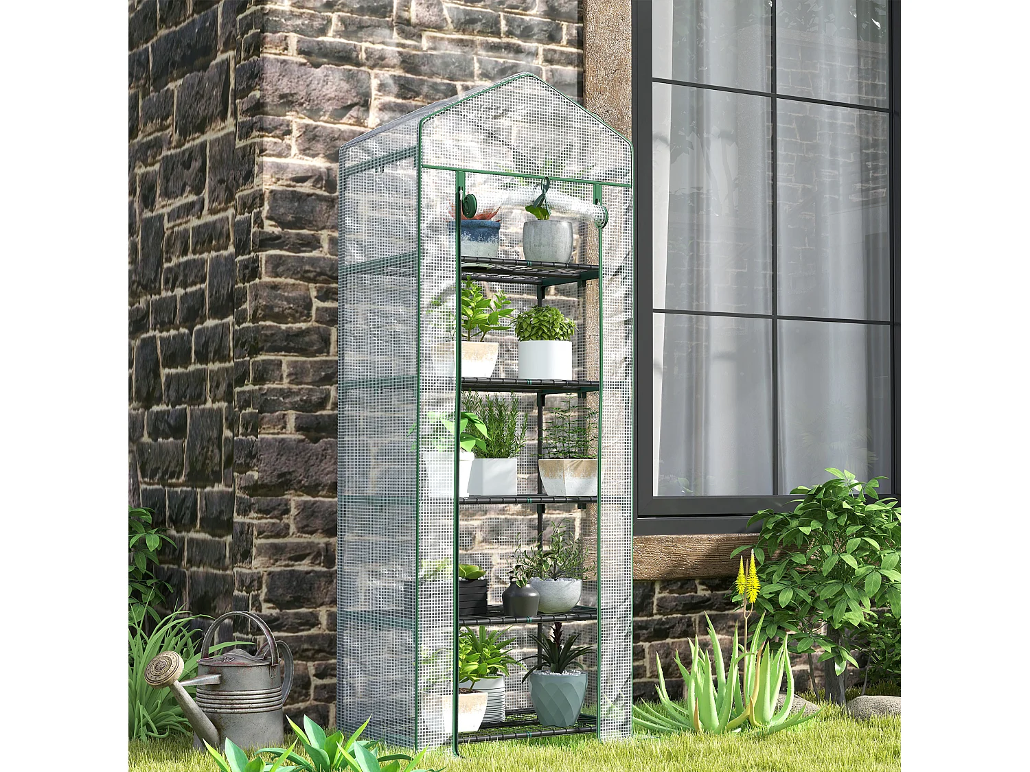 Serre avec porte roulante, étagères, métal, blanc (69x49x193 cm)