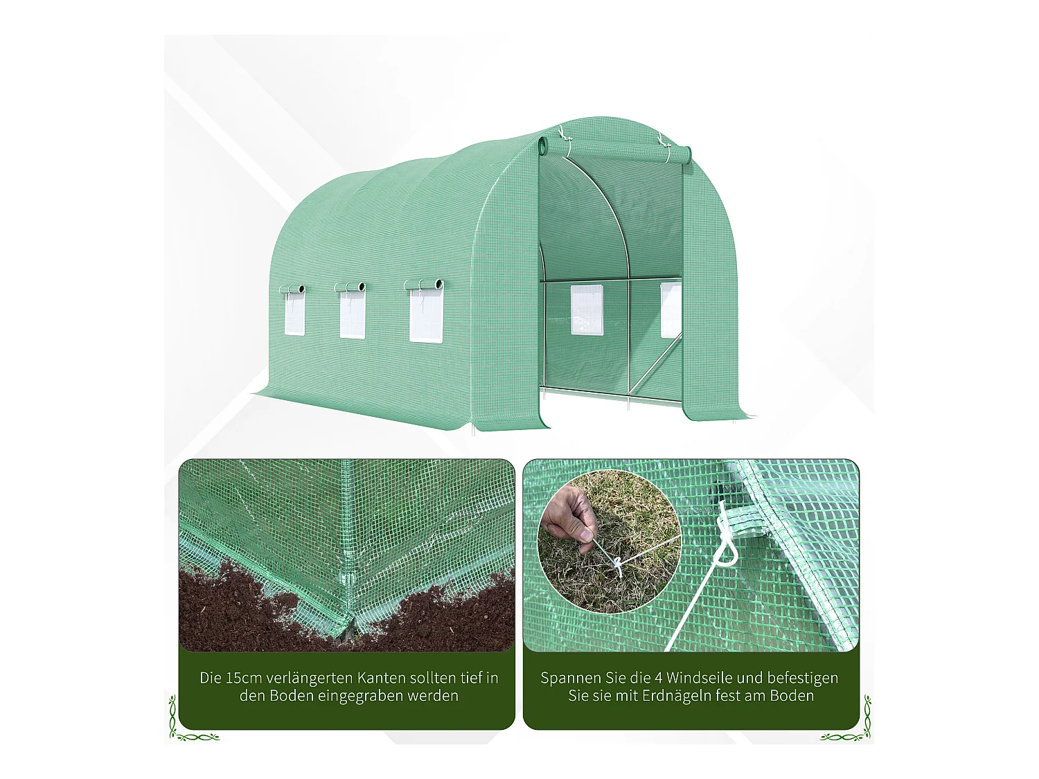 Invernadero túnel para tomates con ventanas, estructura de acero, poliéster, verde (445x190x200 cm)