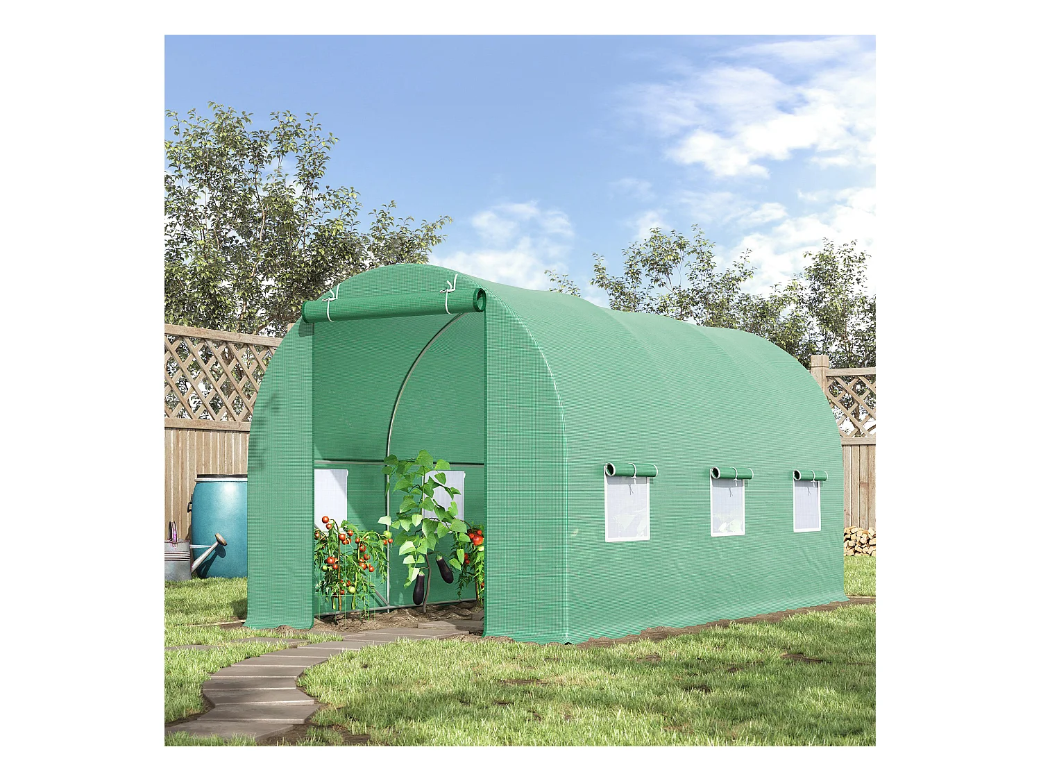 Serre tunnel pour tomates avec fenêtres, structure en acier, polyester, vert (445x190x200 cm)