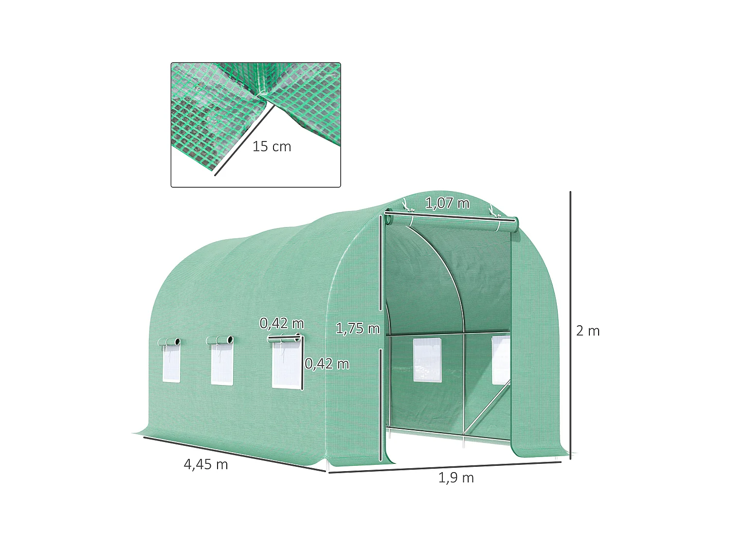 Serre tunnel pour tomates avec fenêtres, structure en acier, polyester, vert (445x190x200 cm)
