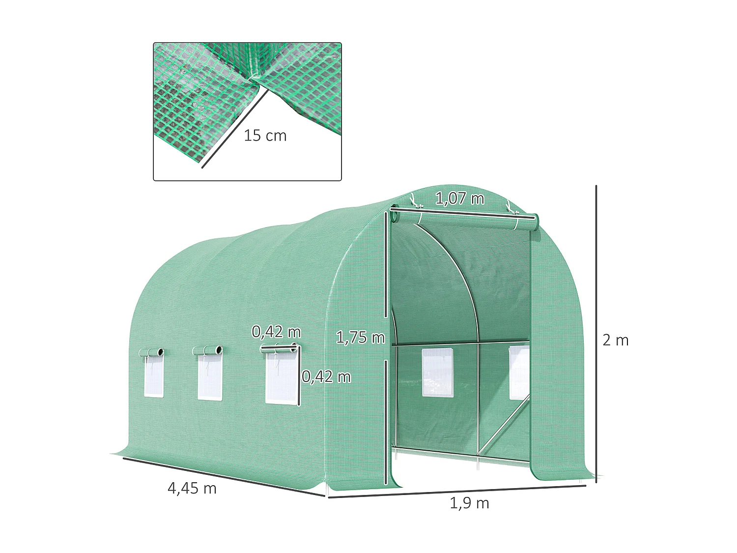 Serre tunnel pour tomates avec fenêtres, structure en acier, polyester, vert (445x190x200 cm)