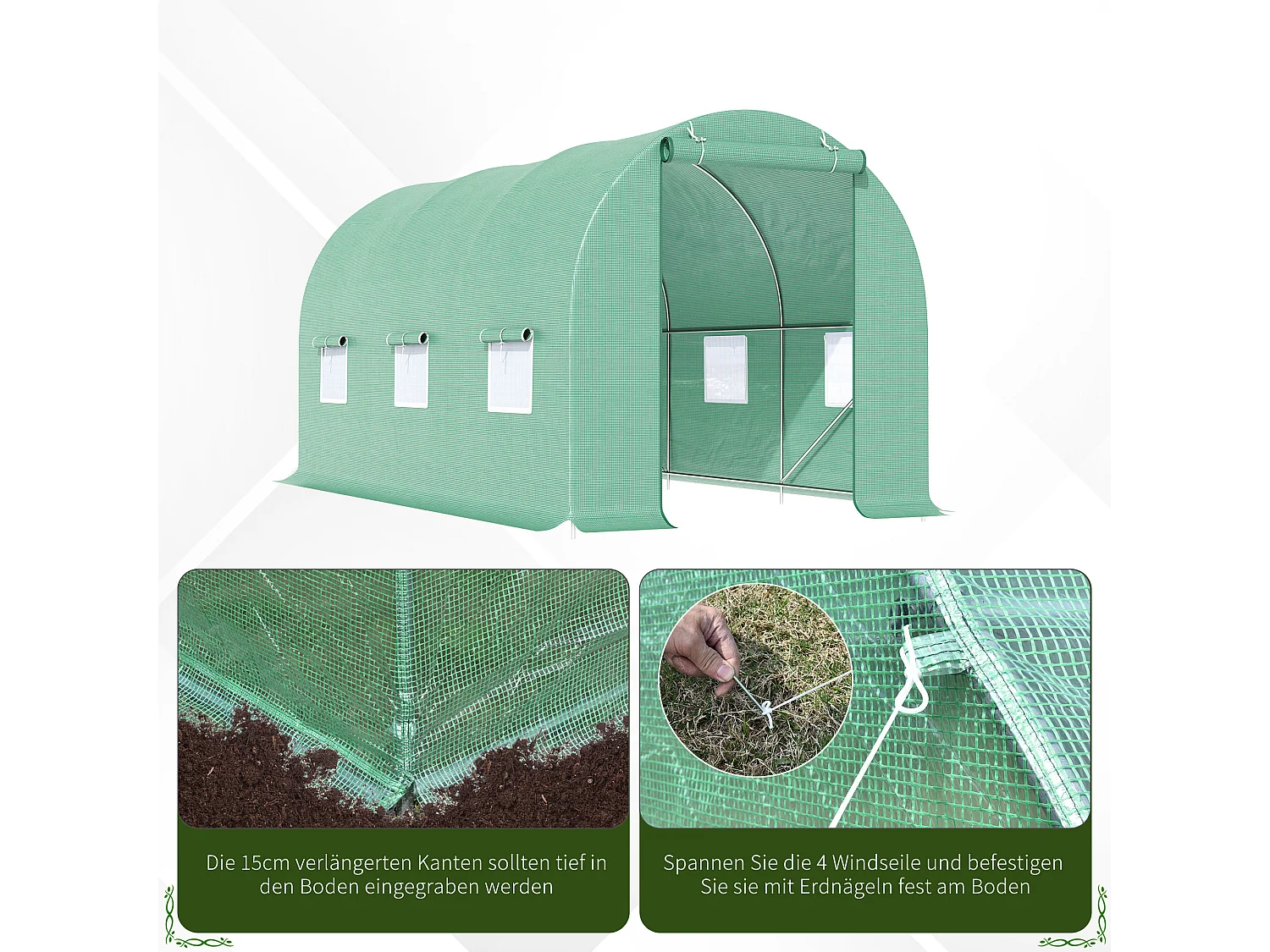 Serre tunnel pour tomates avec fenêtres, structure en acier, polyester, vert (445x190x200 cm)