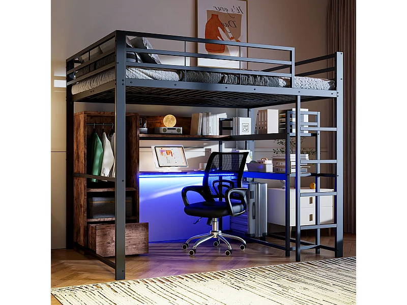 Letto a soppalco 140 x 200 cm, in metallo con scrivania, LED, ripiani e scaletta, senza materasso (203 x 144,5 x 174 cm)