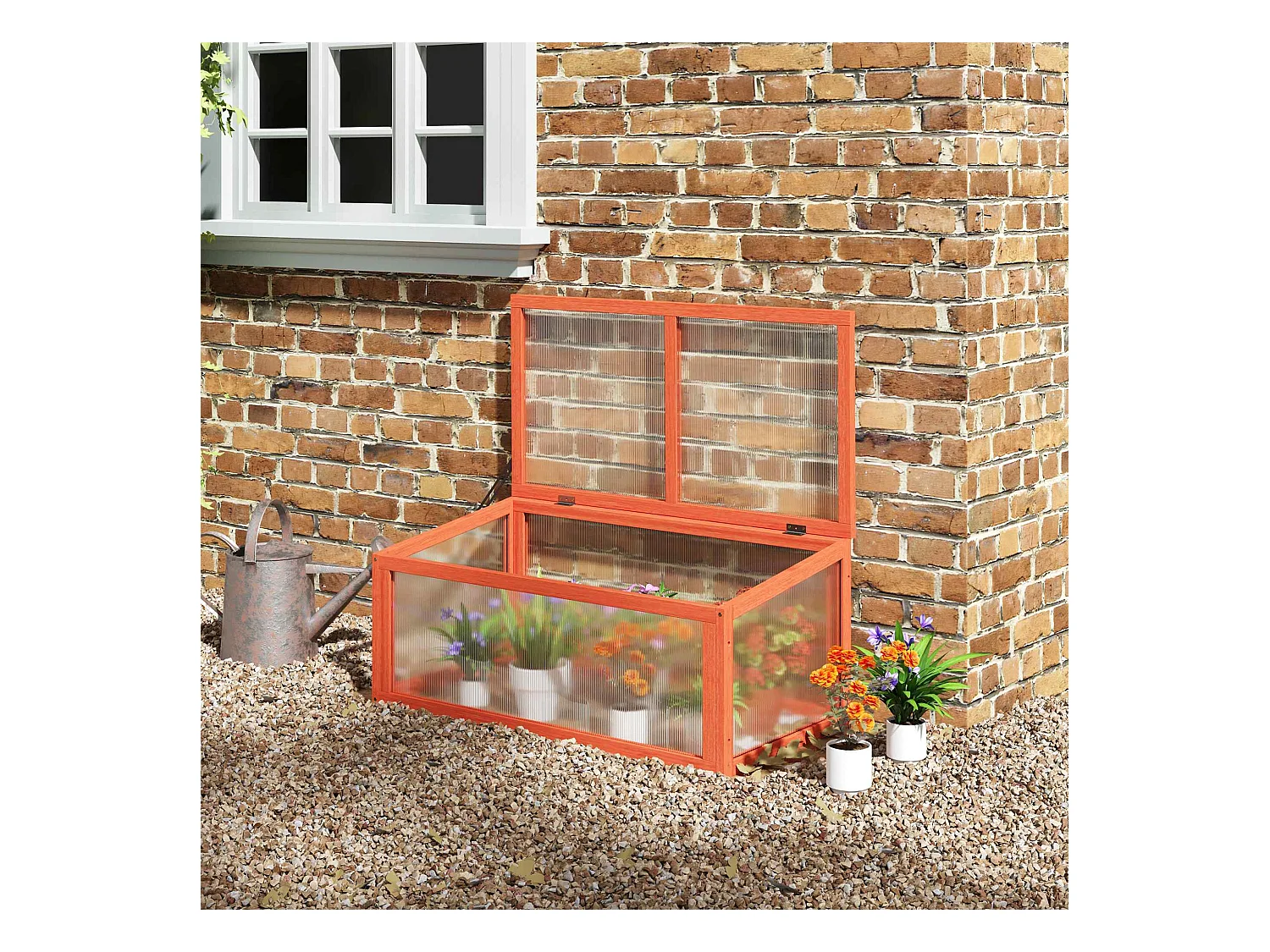 Serre de jardin avec couverture, bois massif et polycarbonate, orange, résistante aux intempéries (90x46x40cm)