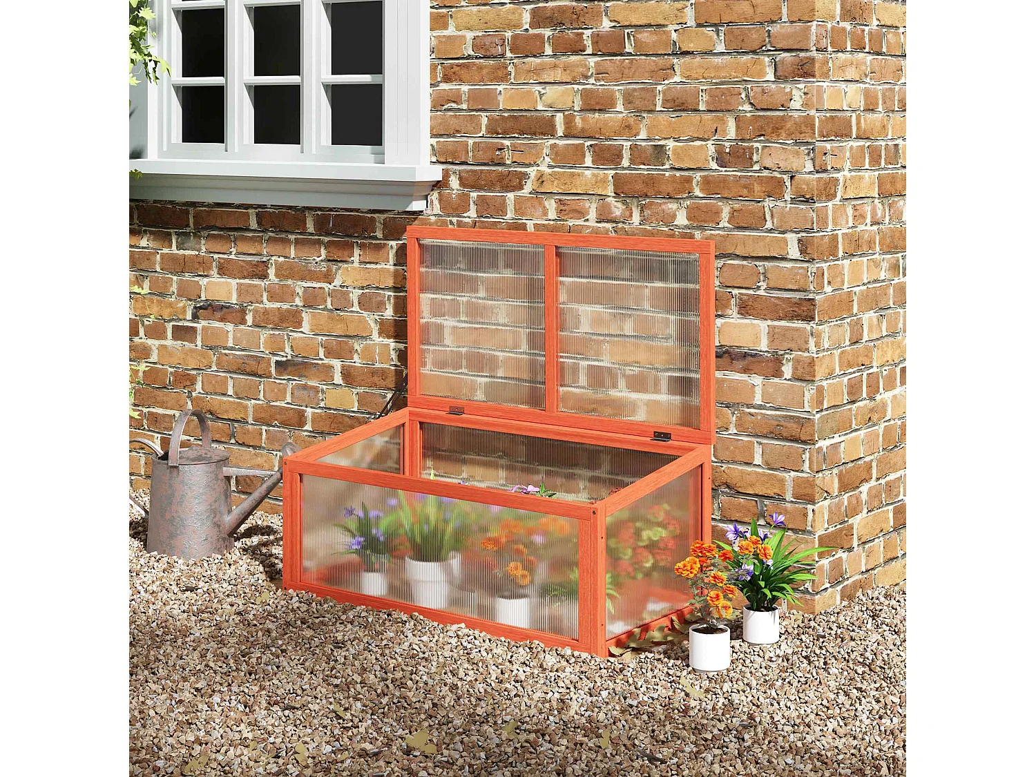 Serre de jardin avec couverture, bois massif et polycarbonate, orange, résistante aux intempéries (90x46x40cm)