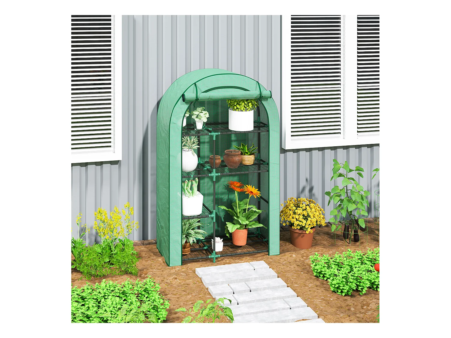 Tuinkas met rond dak, planken, staal, groen (100x45x160 cm)