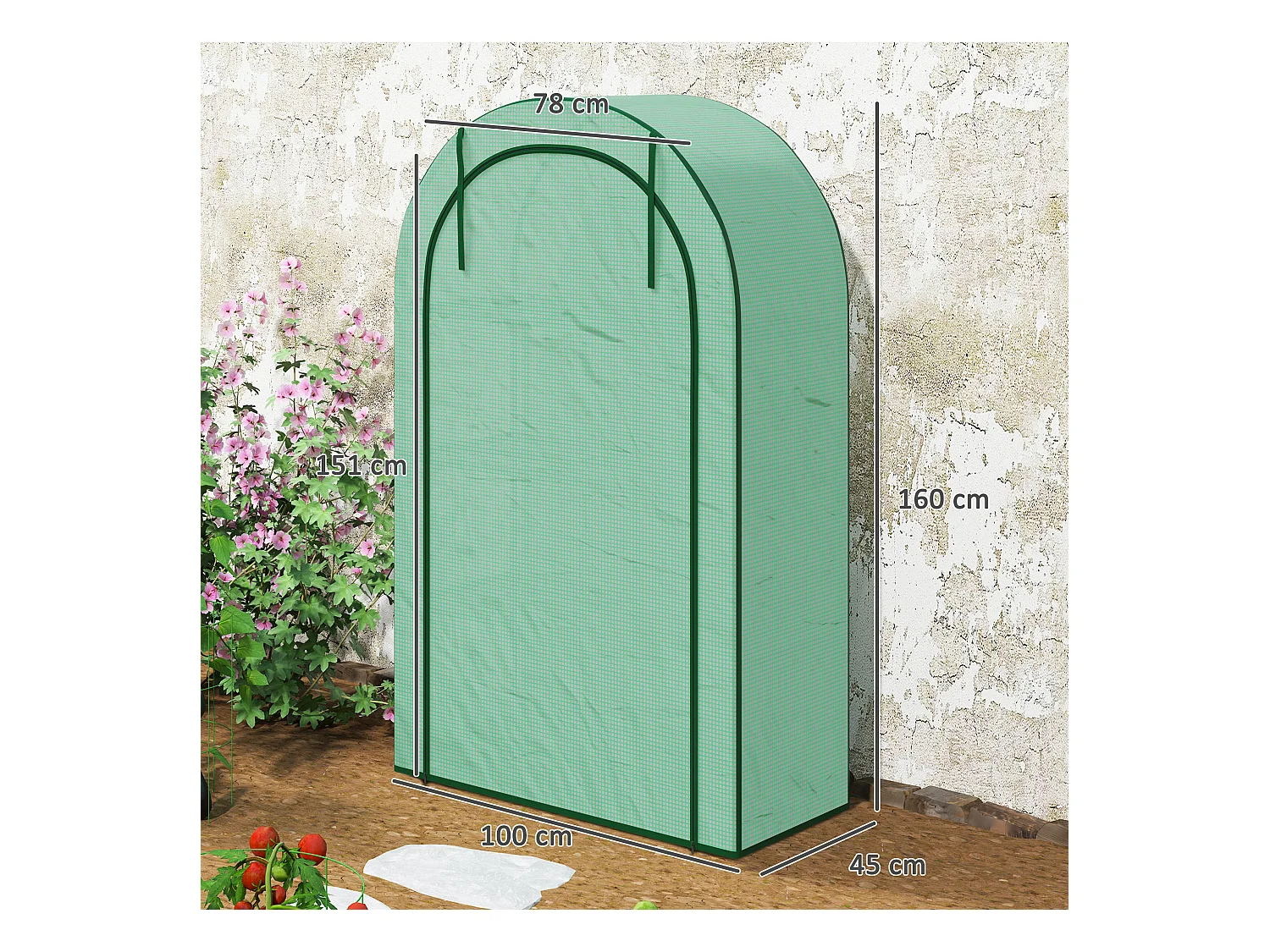 Tuinkas met rond dak, planken, staal, groen (100x45x160 cm)