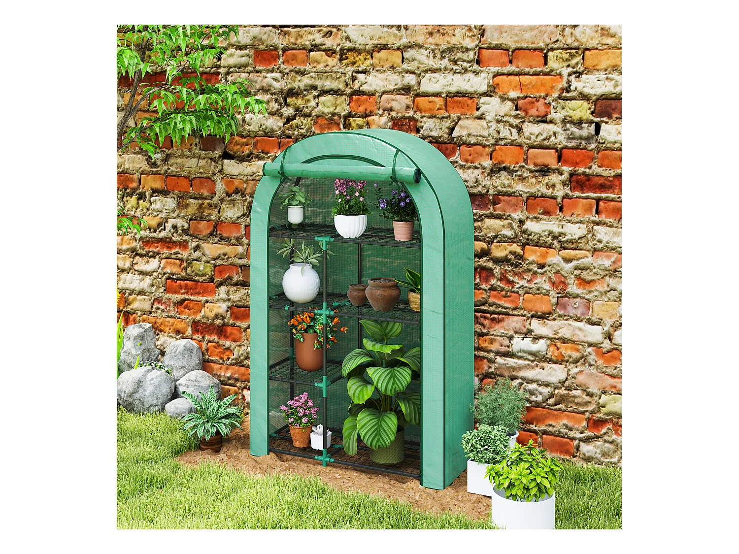 Tuinkas met rond dak, planken, staal, groen (100x45x160 cm)