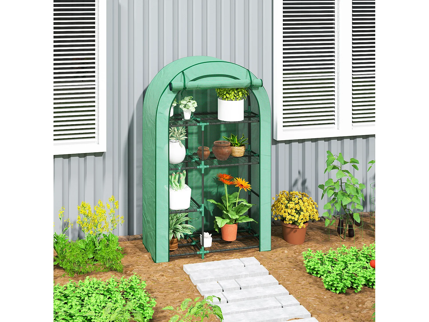 Serre de jardin avec toit arrondi, étagères, acier, verte (100x45x160 cm)