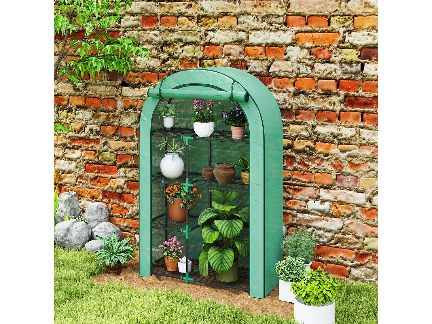 Serre de jardin avec toit arrondi, étagères, acier, verte (100x45x160 cm)