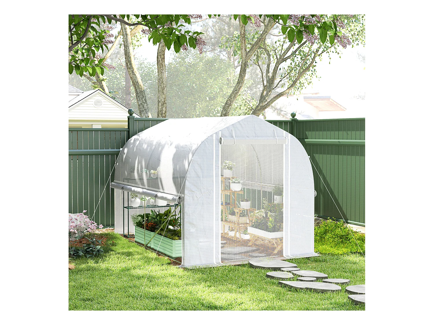 PVC tunnelkas, 3 ramen en deur, gegalvaniseerd stalen frame, wit (3x2x2 m)