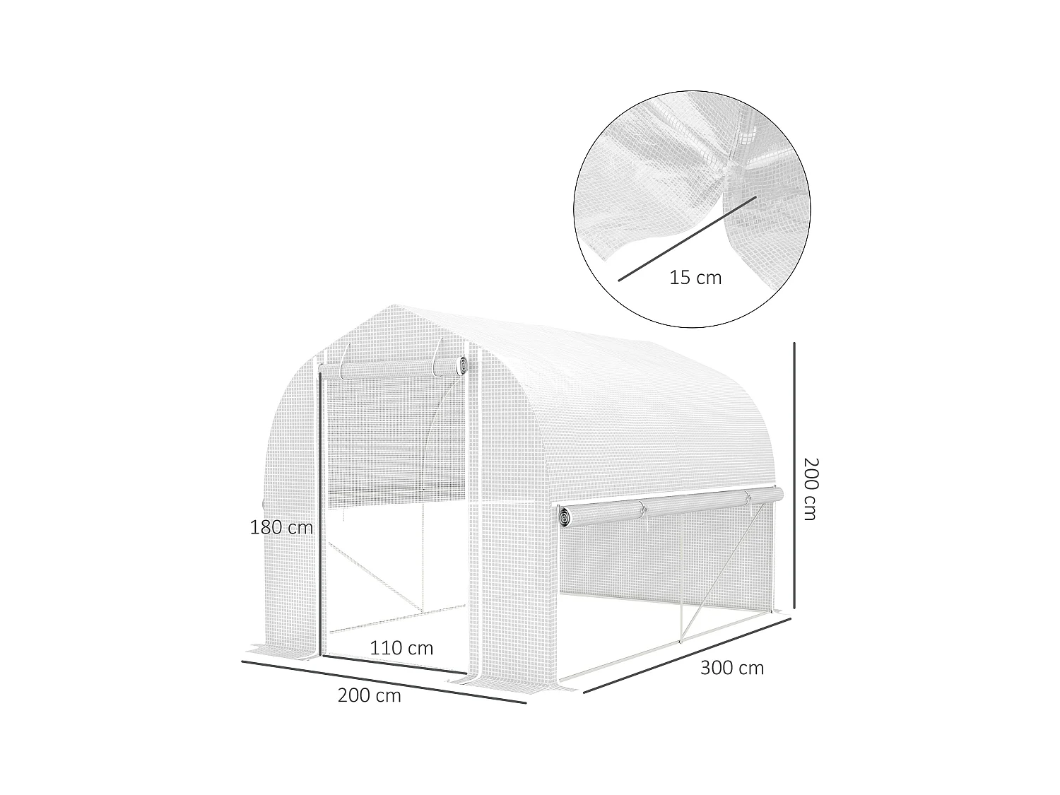 PVC tunnelkas, 3 ramen en deur, gegalvaniseerd stalen frame, wit (3x2x2 m)