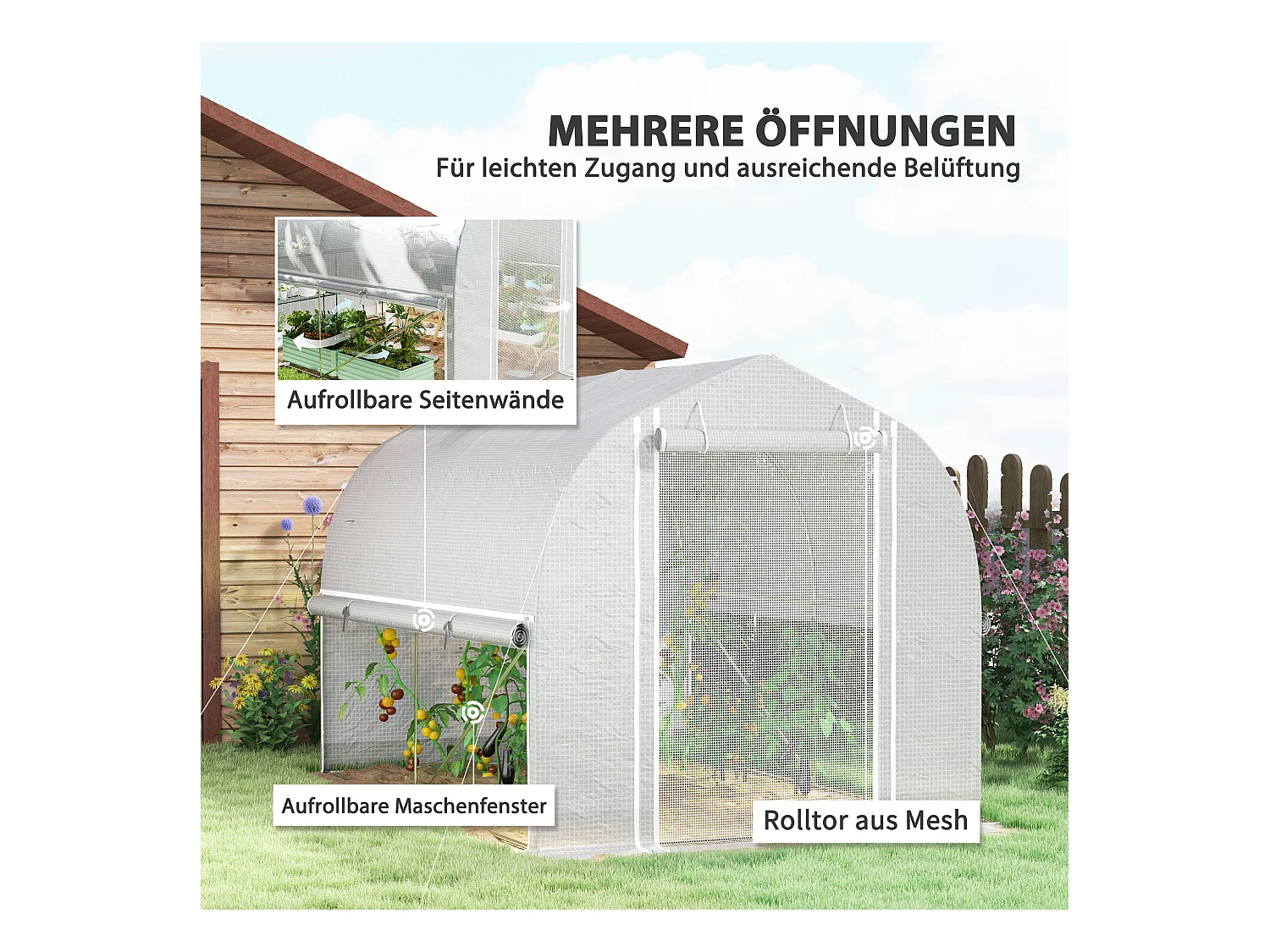 PVC tunnelkas, 3 ramen en deur, gegalvaniseerd stalen frame, wit (3x2x2 m)