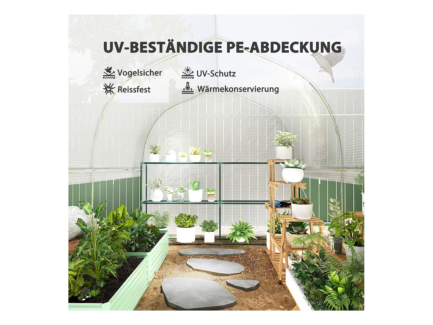 PVC tunnelkas, 3 ramen en deur, gegalvaniseerd stalen frame, wit (3x2x2 m)