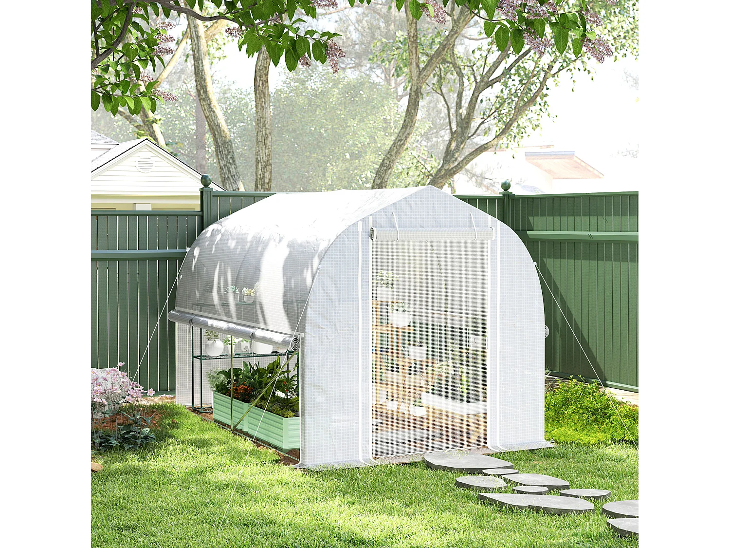 Serre Tunnel en PVC, 3 Fenêtres et Porte, Cadre en Acier Galvanisé, Blanc (3x2x2 m)