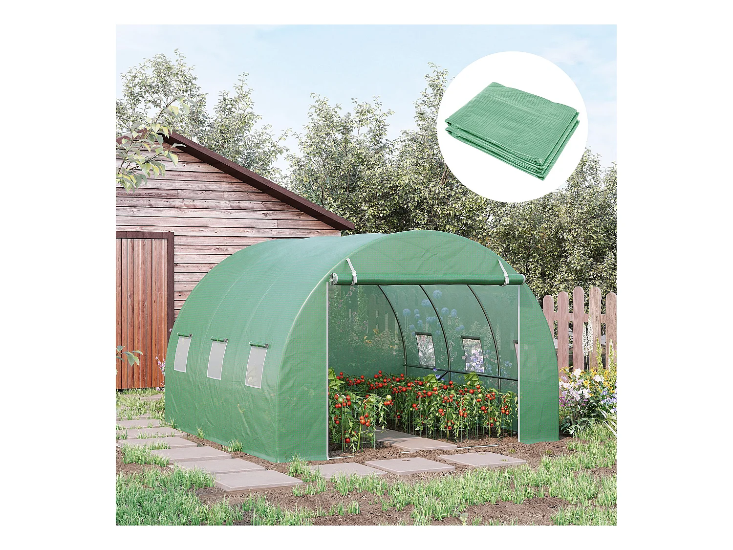 Bâche de remplacement pour serre tunnel, PE anti-UV, étanche, avec 6 fenêtres et porte enroulable, vert (300x300x200cm)