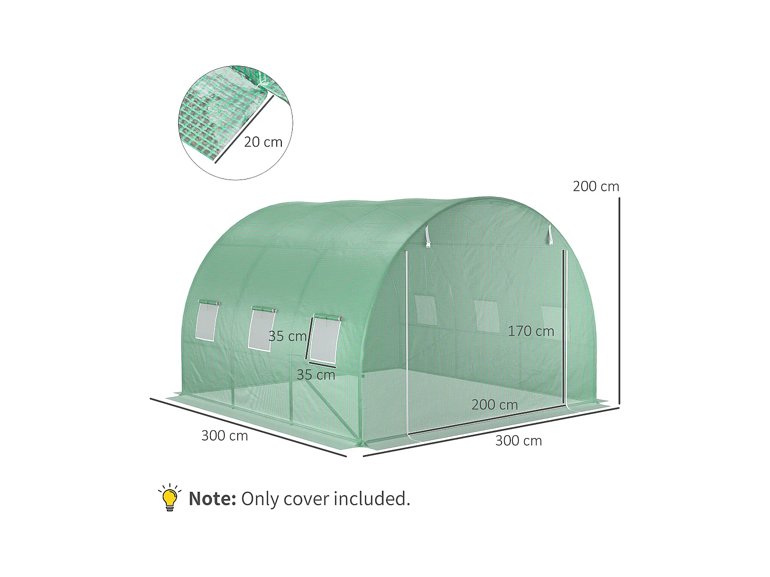 Bâche de remplacement pour serre tunnel, PE anti-UV, étanche, avec 6 fenêtres et porte enroulable, vert (300x300x200cm)