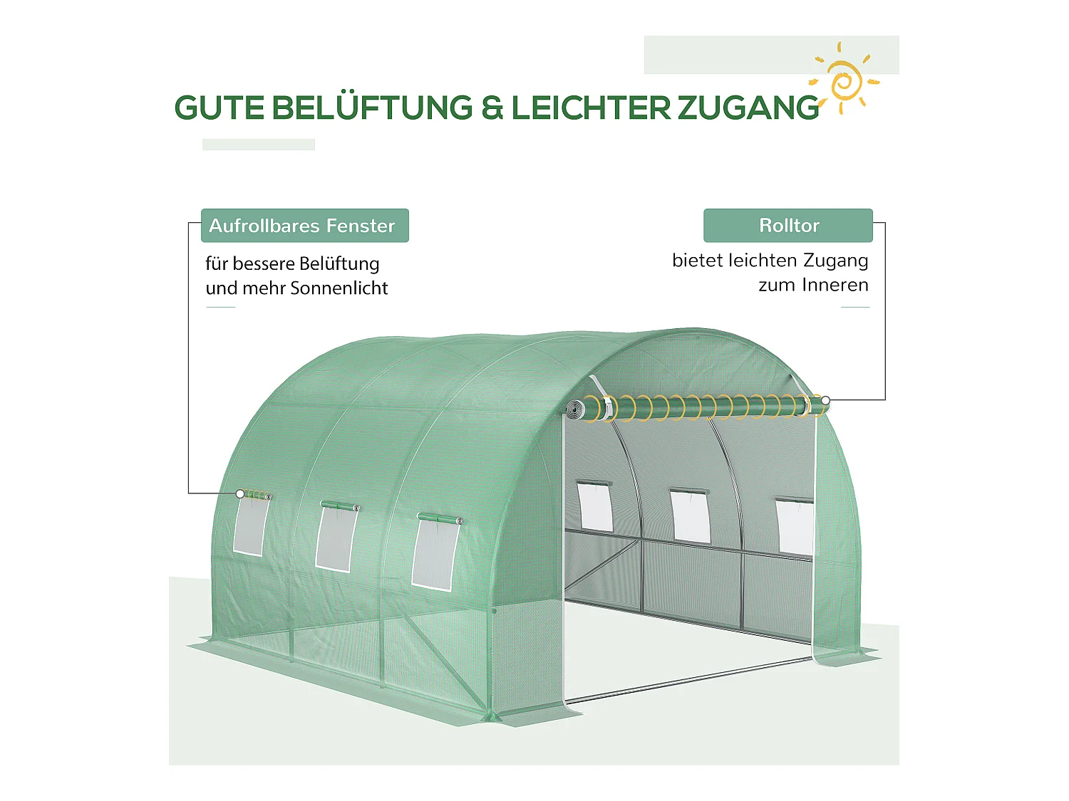 Bâche de remplacement pour serre tunnel, PE anti-UV, étanche, avec 6 fenêtres et porte enroulable, vert (300x300x200cm)