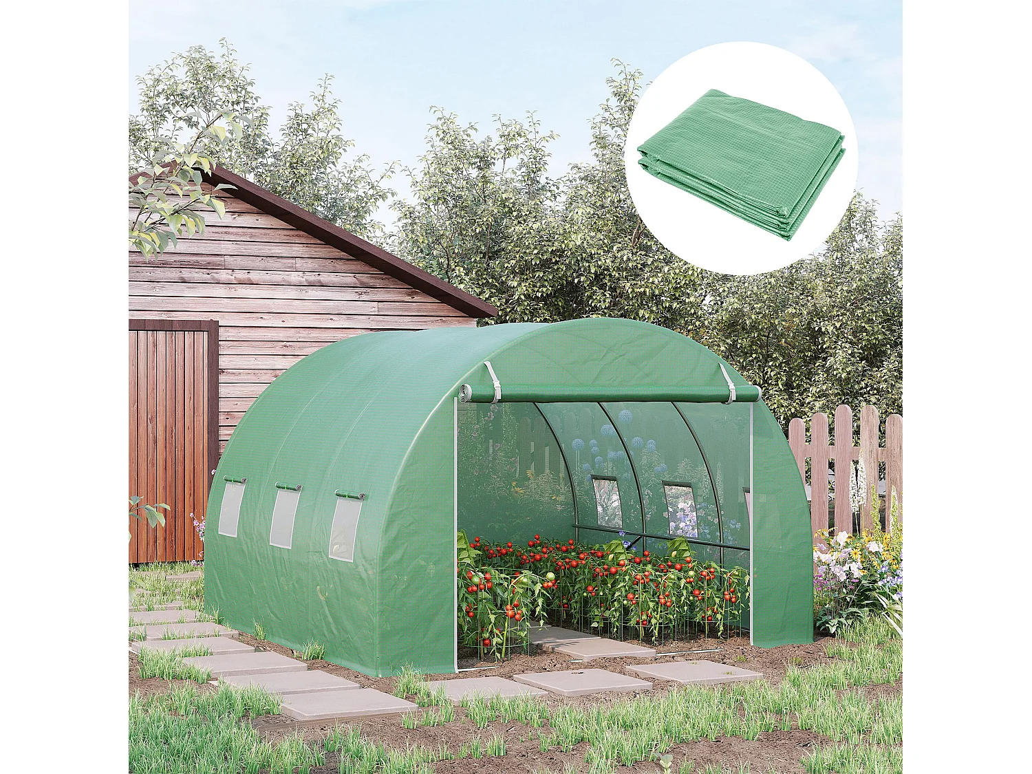Bâche de remplacement pour serre tunnel, PE anti-UV, étanche, avec 6 fenêtres et porte enroulable, vert (300x300x200cm)