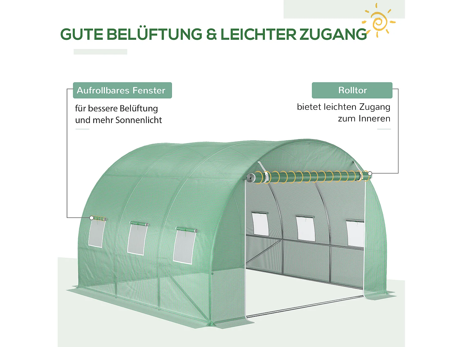 Bâche de remplacement pour serre tunnel, PE anti-UV, étanche, avec 6 fenêtres et porte enroulable, vert (300x300x200cm)