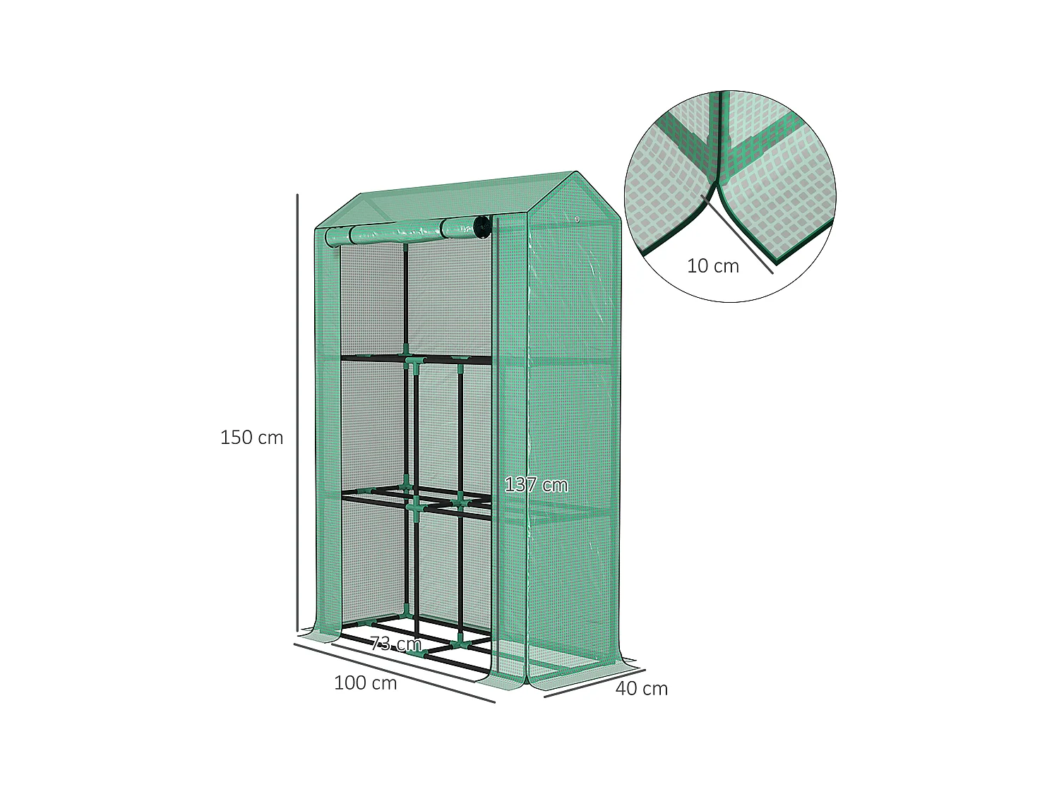 Tuinkas met planken, roldeur, staal, met UV-bescherming, voor groenten en planten, groen (100x40x150 cm)