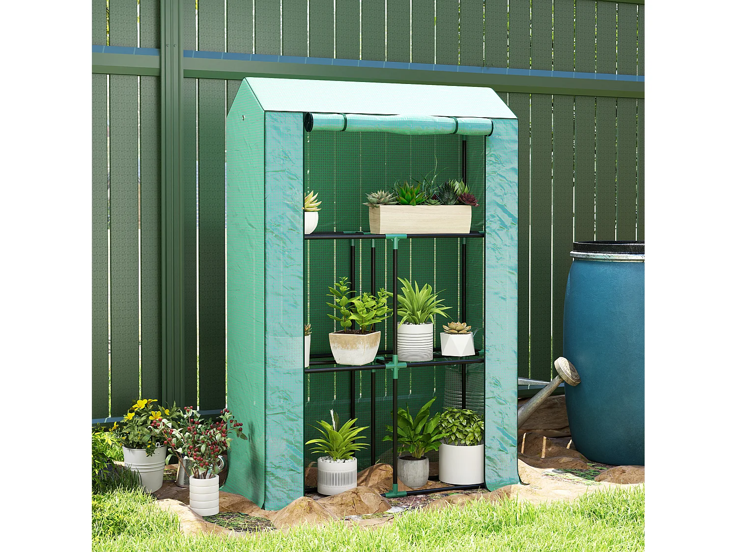 Serre de jardin avec étagères, porte roulante, en acier, avec protection UV, pour légumes et plantes, verte (100x40x150 cm)