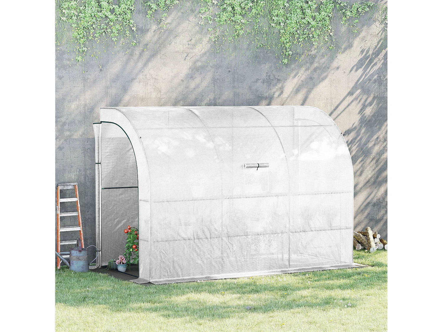 Serra da giardino con ripiani, copertura in plastica resistente, struttura in acciaio, bianca (300x150x213 cm)