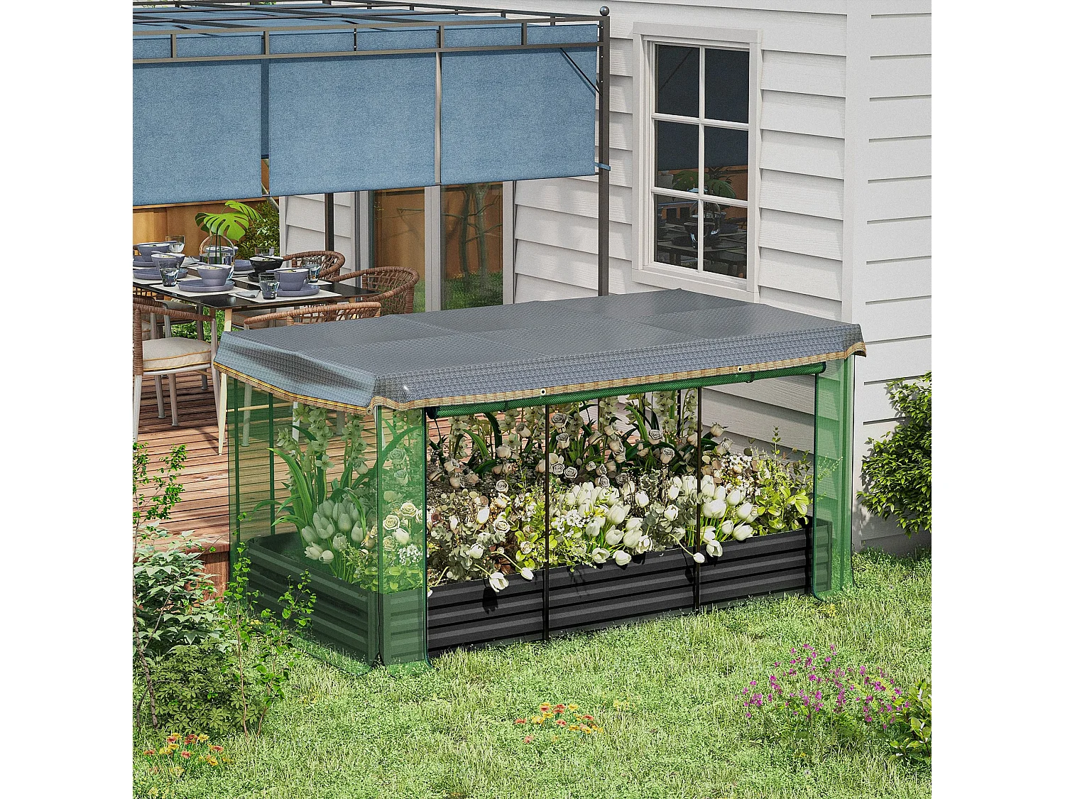 Bac de jardin surélevé en acier avec filet de protection contre les oiseaux, gris foncé (230x110x110 cm)