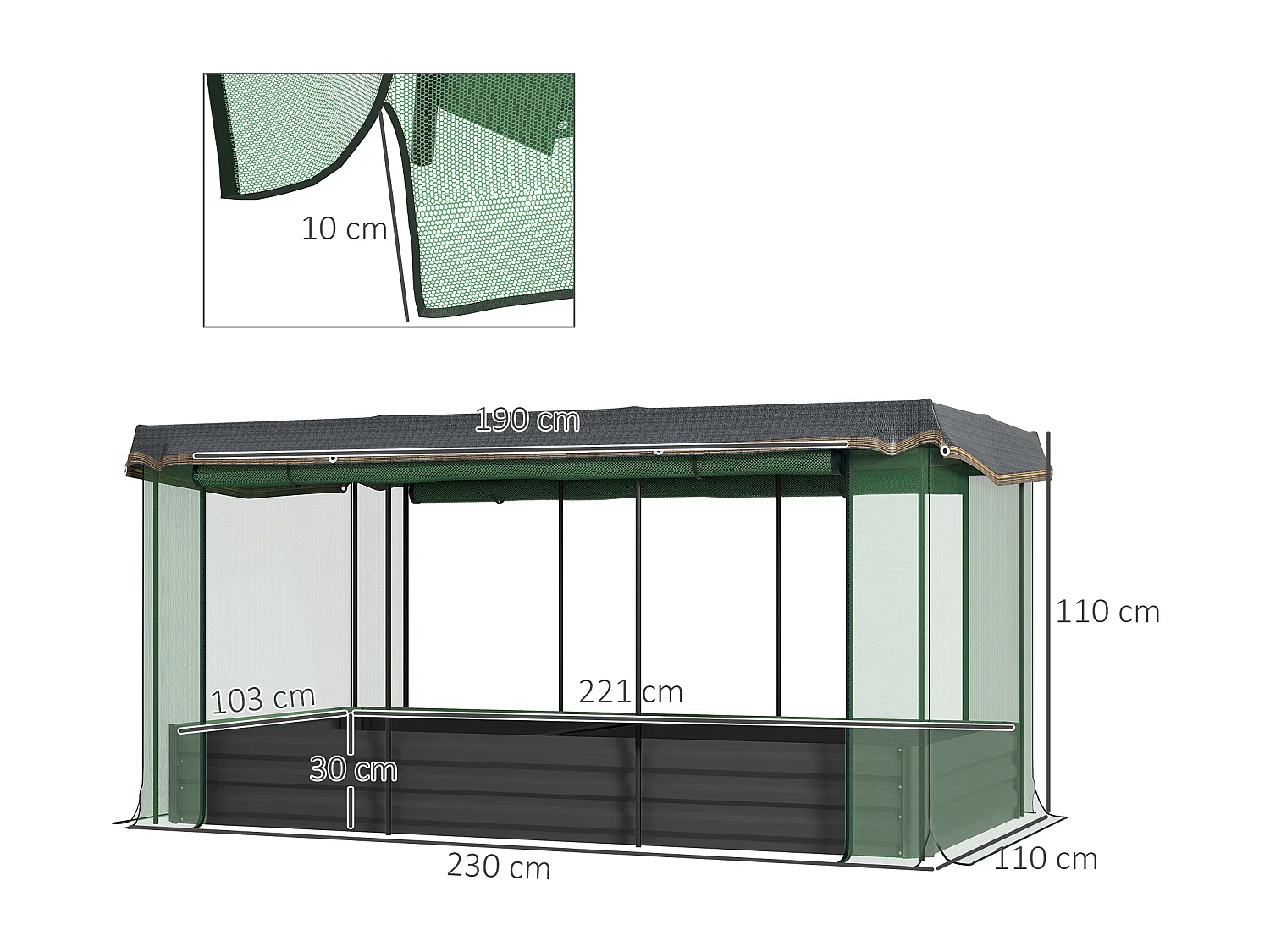 Bac de jardin surélevé en acier avec filet de protection contre les oiseaux, gris foncé (230x110x110 cm)