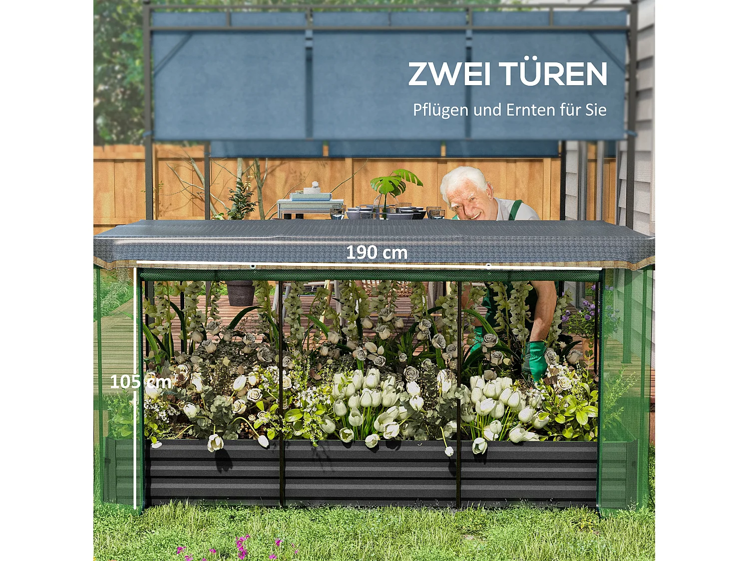 Bac de jardin surélevé en acier avec filet de protection contre les oiseaux, gris foncé (230x110x110 cm)