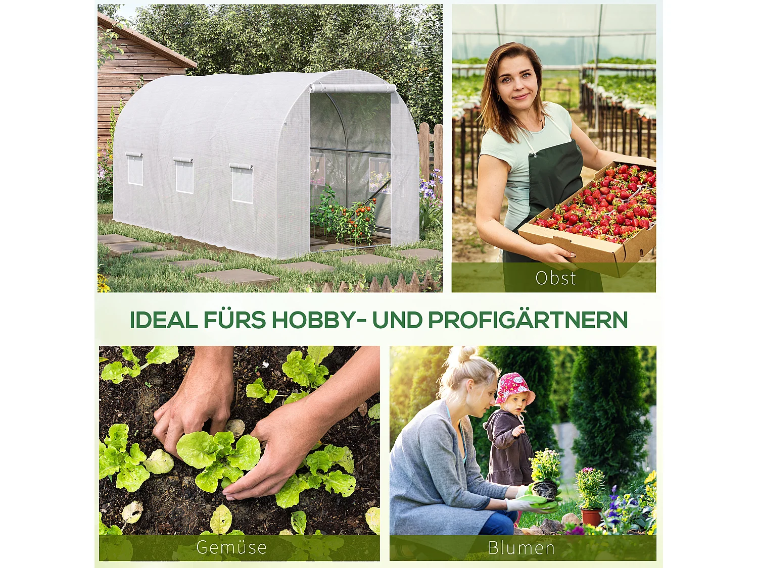 Tuinkas met ramen en deur, stevig metalen frame, transparante PE-afdekking, wit (350x200x200cm)