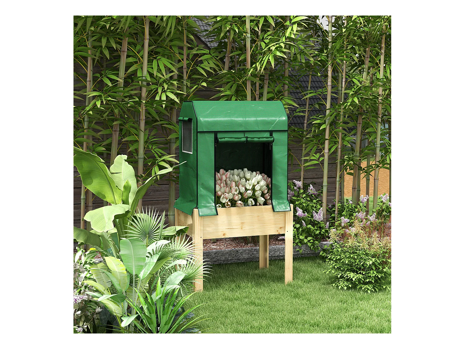 Bac potager surélevé avec serre, bois naturel et tissu, vert (86x60x165cm)