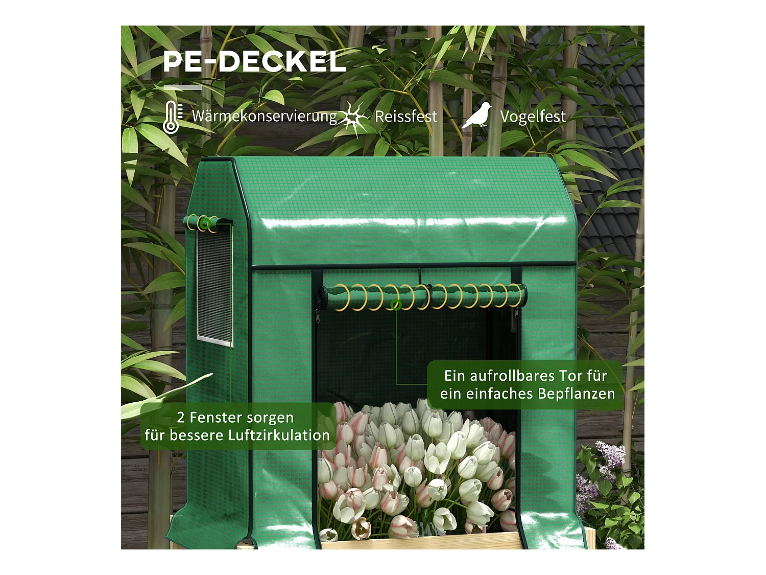 Bac potager surélevé avec serre, bois naturel et tissu, vert (86x60x165cm)