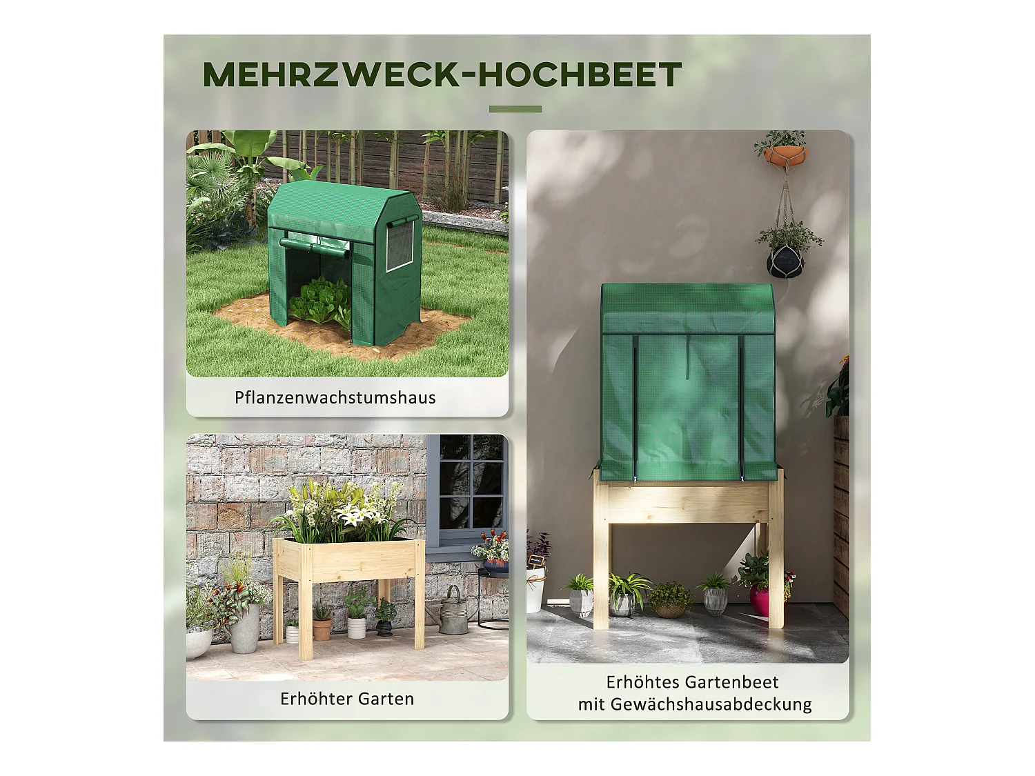 Bac potager surélevé avec serre, bois naturel et tissu, vert (86x60x165cm)