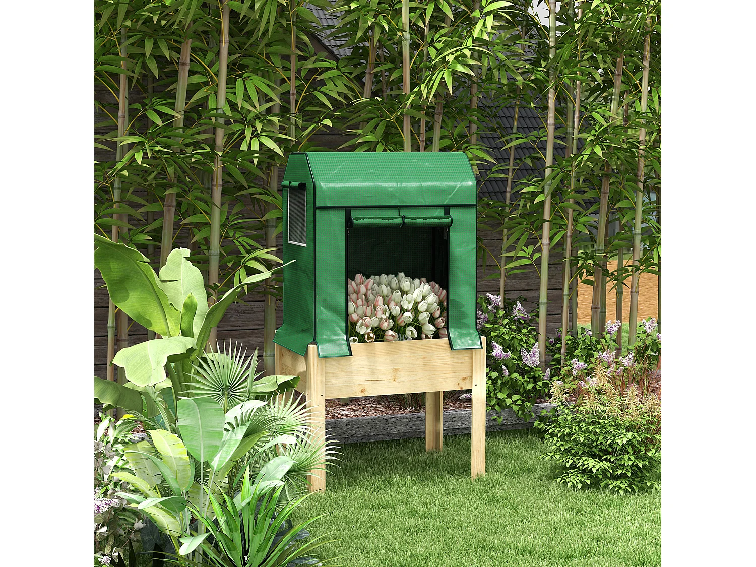 Bac potager surélevé avec serre, bois naturel et tissu, vert (86x60x165cm)
