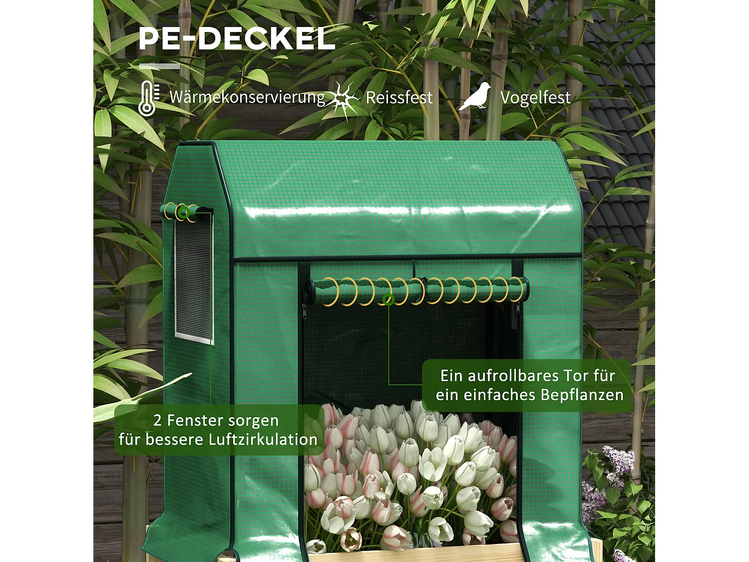 Bac potager surélevé avec serre, bois naturel et tissu, vert (86x60x165cm)