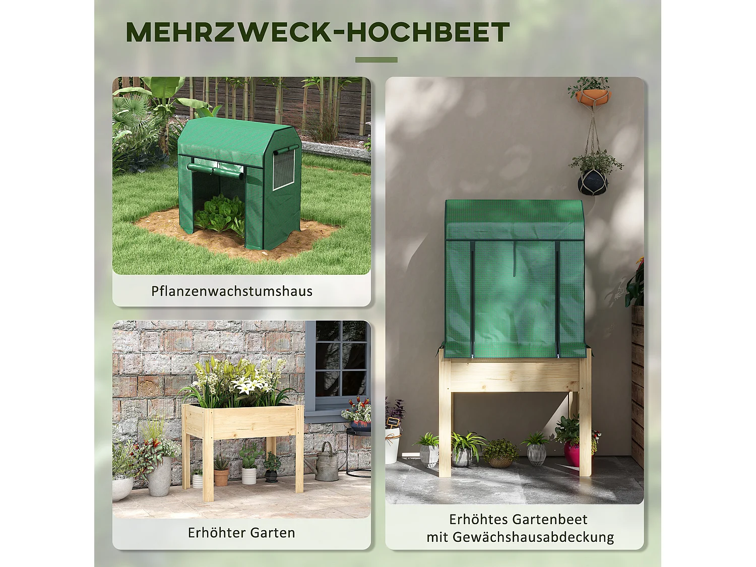 Bac potager surélevé avec serre, bois naturel et tissu, vert (86x60x165cm)