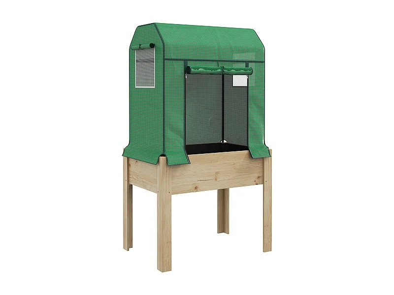Bac potager surélevé avec serre, bois naturel et tissu, vert (86x60x165cm)