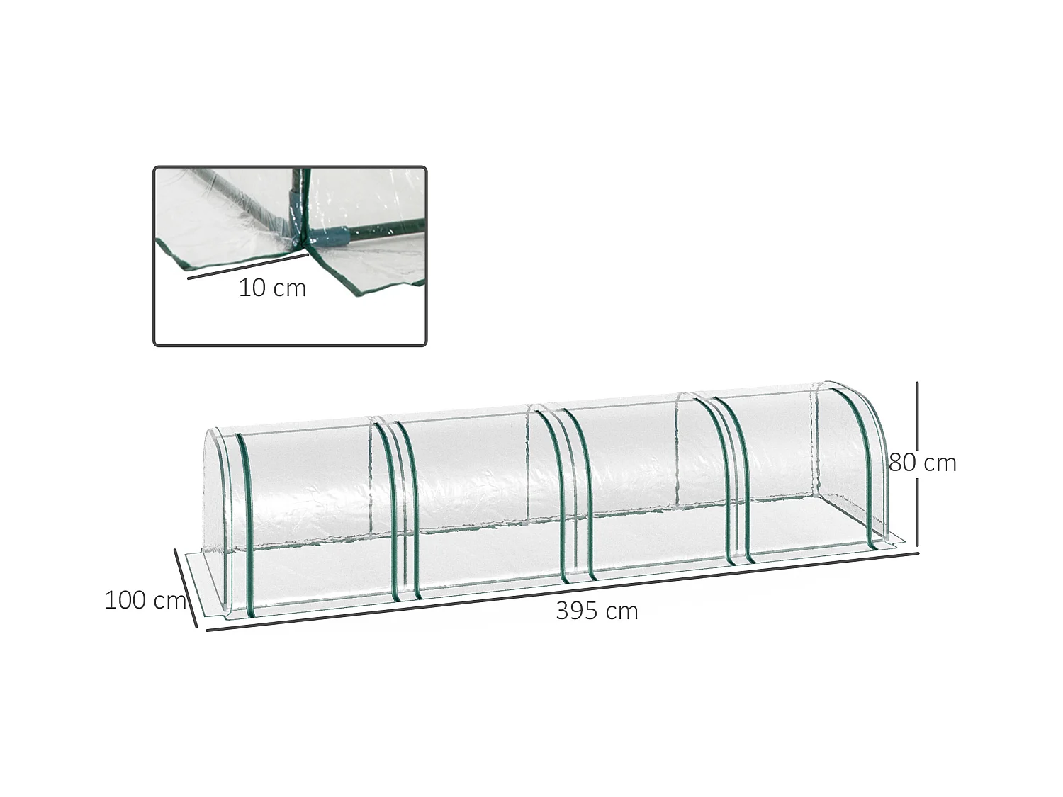 Serre tunnel avec fenêtres à fermeture éclair, cadre en acier, PVC transparent, 395 x 100 x 80 cm (395x100x80 cm)