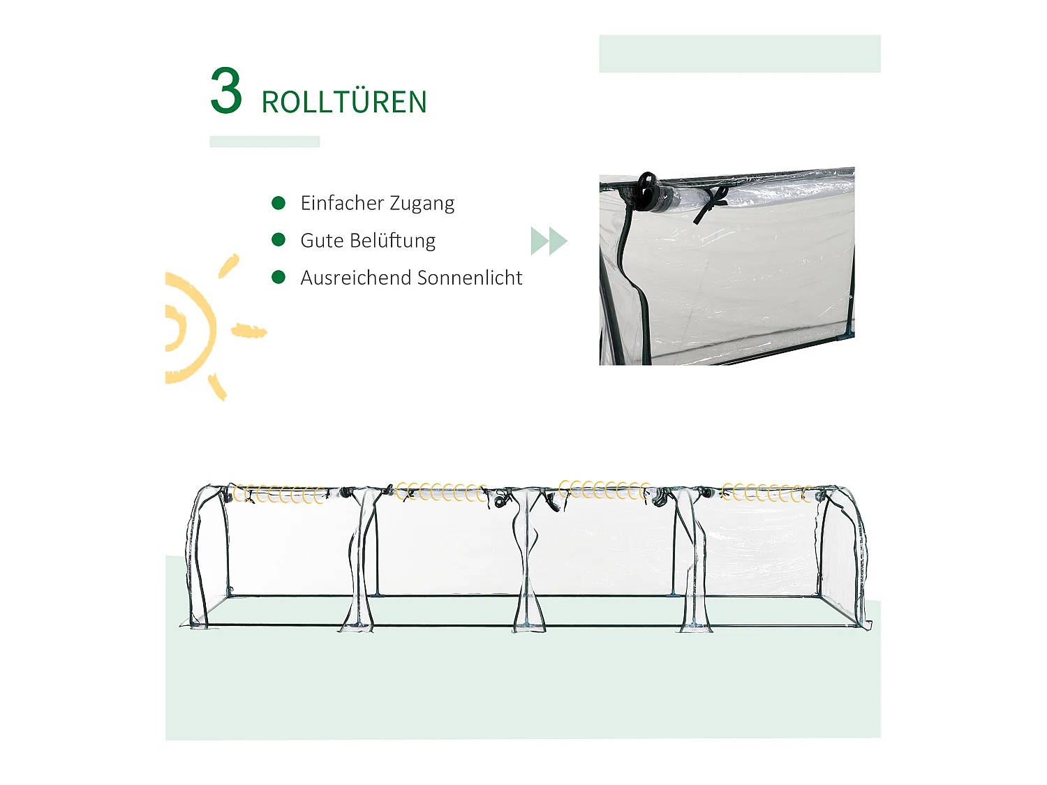 Serre tunnel avec fenêtres à fermeture éclair, cadre en acier, PVC transparent, 395 x 100 x 80 cm (395x100x80 cm)