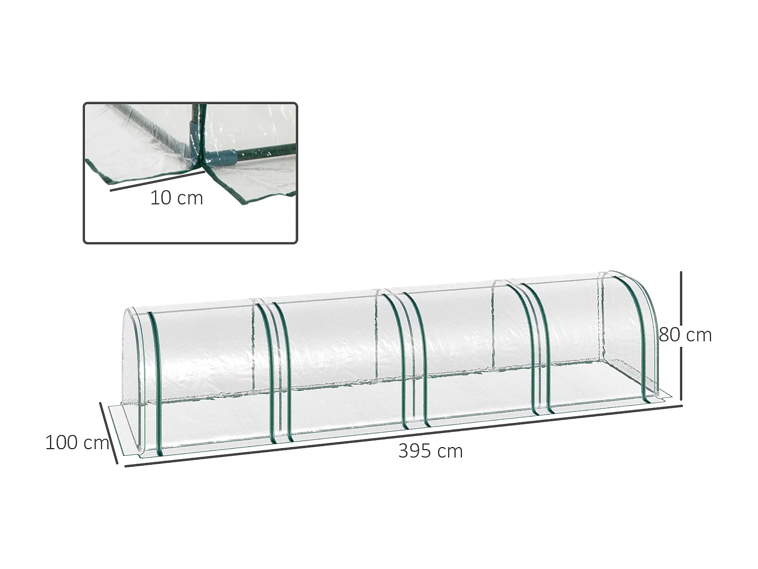Tunnelkas met ritsramen, stalen frame, transparant PVC, 395 x 100 x 80 cm (395x100x80 cm)