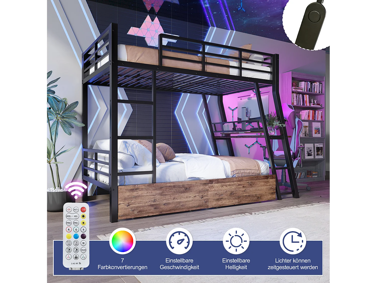 Cama alta 140x200 cm, estructura de metal, LED, cajones, barandilla, escalera, escritorio, color negro (236,8x199,2x160,5 cm)